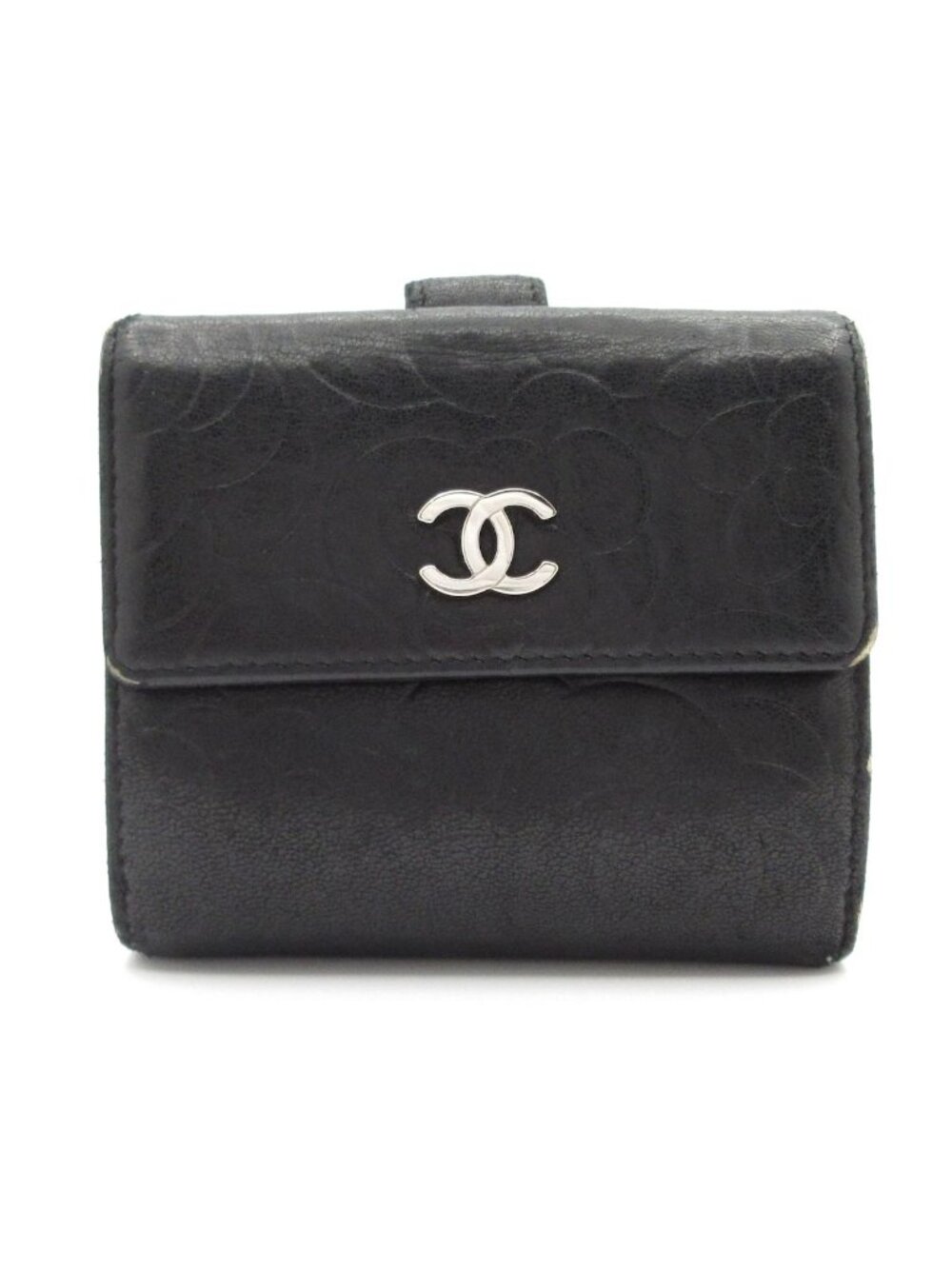 Chanel Snap Wallet Camellia Black Embossed Silver Lambskin